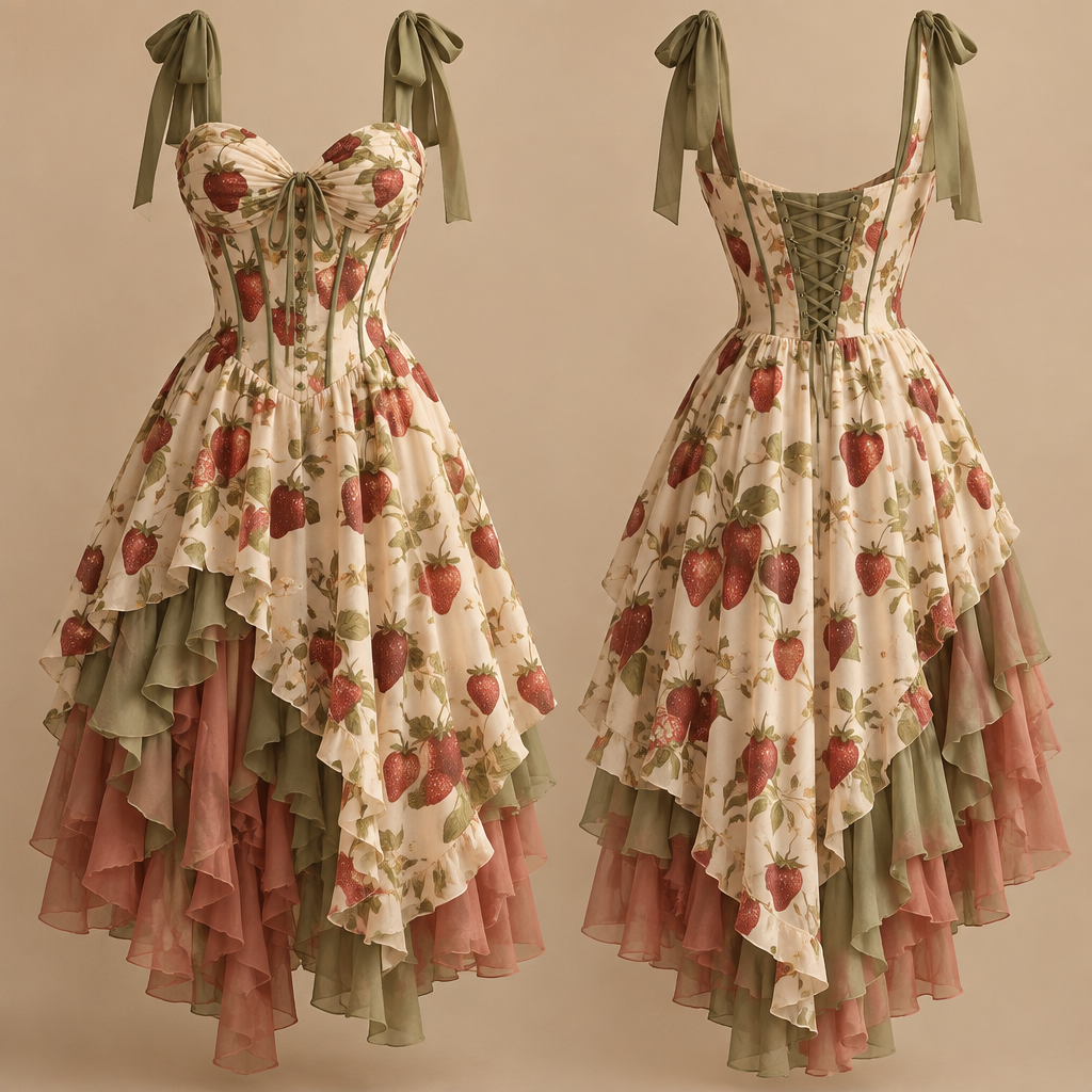 Warm tones, strawberry patterns, Flowey & cottagie with complemantary viriaty of colors and bold unique cuts
photorealistic fashion design, Warm tones, strawberry patterns, Flowey & cottagie with complemantary viriaty of colors and bold unique cuts, just the design no text, show front and back