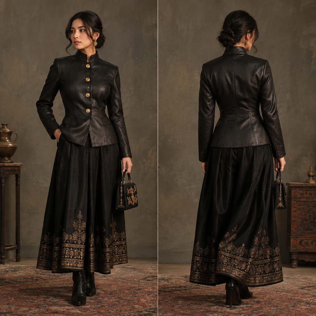 A Jacket design, in Vintage style. its sth like a black leather coat specially for inverted body type i mean the waist must be snatched and the buttons must be golden color and the collar part must be like high neck design but not that much and the coat must be short not that much just medium short. Nepal fashion aesthetics. Present it as professional fashion catalogue photography: the garment is the subject, shown full-length with editorial styling, neutral posing and tasteful, non-suggestive framing.
photorealistic fashion design, A Jacket design, in Vintage style. its sth like a black leather coat specially for inverted body type i mean the waist must be snatched and the buttons must be golden color and the collar part must be like high neck design but not that much and the coat must be short not that much just medium short. Nepal fashion aesthetics. Present it as professional fashion catalogue photography: the garment is the subject, shown full-length with editorial styling, neutral posing and tasteful, non-suggestive framing., vintage style, just the design no text