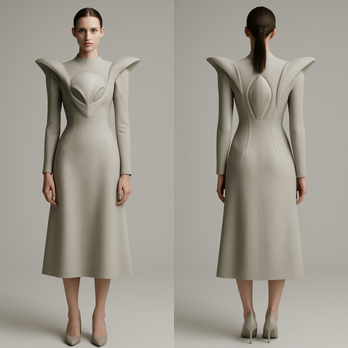 Create me a Women’s Unique Alien wear design dress. It should be below the knees (mid calf length). Runway designed. 
