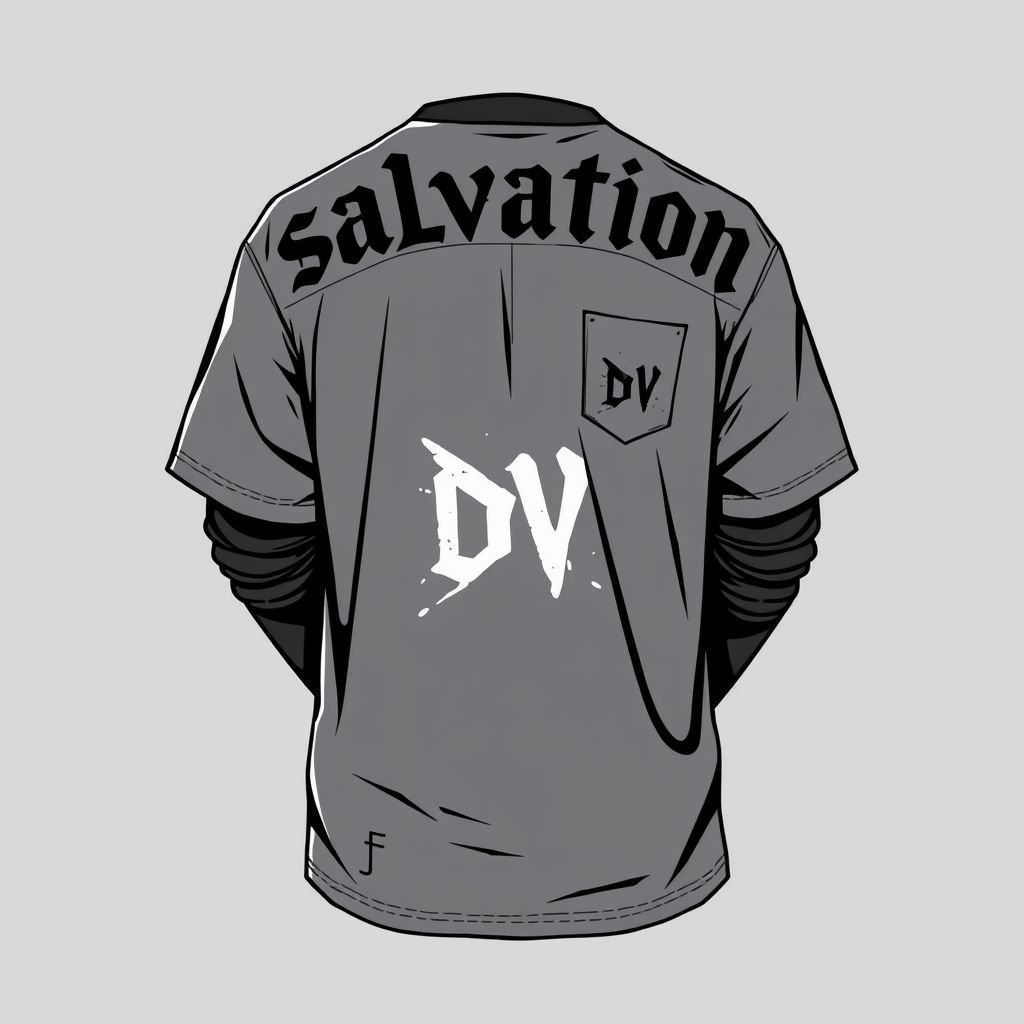 Men’s Shirt. Short sleeve with long sleeve under. With “salvation” across shoulders on back of shirt. Grey on grey, dark grey/light grey. Oversized streetwear shirt, with light graffiti on it. With “DV” on front in top left. Show both front and back.
Design a bold men's short sleeve oversized streetwear shirt featuring long sleeves peeking out underneath, embodying punk aesthetics. Adorned with "salvation" emblazoned across the back shoulders in a rebellious font, this grey-on-grey piece merges dark and light hues. Incorporate subtle graffiti accents and a striking "DV" logo on the front left, showcasing both the raw edge of punk and urban flair.