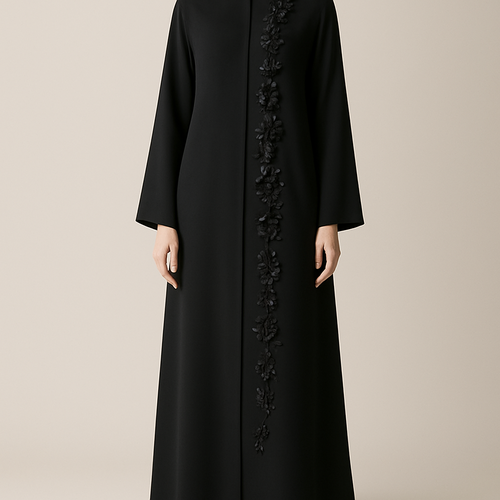 The Classic Floral Side-Line Abaya
Tone: Jet Black Design: A straight line of delicate 3D flowers + stones running down one side only. Why it will sell: Very slimming, minimal, elegant — perfect for everyday + occasions.