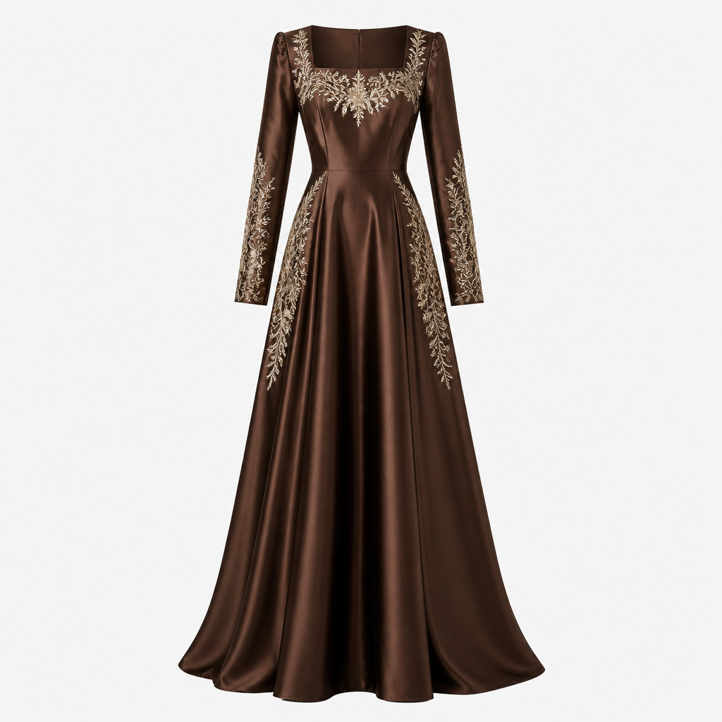 A Female Dress design, with modest, full coverage: longer hemlines, higher necklines and covered shoulders, suitable for Fall. Create a professional fashion design of an elegant long evening dress, fitted upper body, flowing full-length skirt, long sleeves, square neckline, luxurious satin fabric, delicate embroidery, sophisticated and modern style, full-body garment view, fashion design studio, clean white background, highly detailed, realistic fabric texture, no person, no model, no text.. IR fashion aesthetics. Present it as professional fashion catalogue photography: the garment is the subject, shown full-length with editorial styling, neutral posing and tasteful, non-suggestive framing.
photorealistic fashion design, A Female Dress design, with modest, full coverage: longer hemlines, higher necklines and covered shoulders, suitable for Fall. Create a professional fashion design of an elegant long evening dress, fitted upper body, flowing full-length skirt, long sleeves, square neckline, luxurious satin fabric, delicate embroidery, sophisticated and modern style, full-body garment view, fashion design studio, clean white background, highly detailed, realistic fabric texture, no person, no model, no text.. IR fashion aesthetics. Present it as professional fashion catalogue photography: the garment is the subject, shown full-length with editorial styling, neutral posing and tasteful, non-suggestive framing., just the design no text