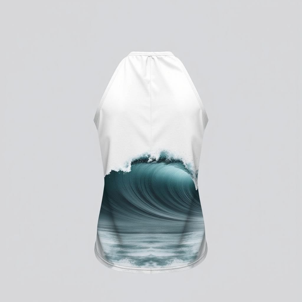Cotton crew neck halter top with a photo of wave, show front and back
Design a minimalist cotton crew neck halter top, featuring a serene photographic wave graphic seamlessly integrated into the fabric. Emphasize clean lines and muted tones for a sophisticated look. Showcase both the front and back, highlighting the top’s effortless elegance and the subtlety of nature's beauty, embodying minimalist aesthetics.