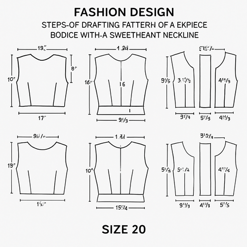 steps of drafting pattern of a six piece bodice with a sweet heart  at the neck line, with measurements all around the blouse pattern of a size 20