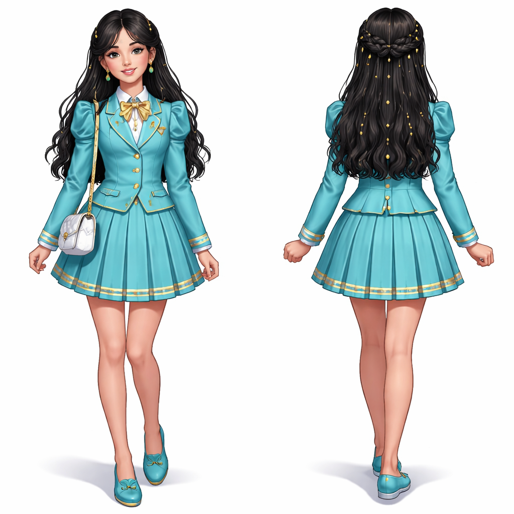 A teenage girl with a Middle Eastern Face and black hair with multiple golden hair ties in her hair wears a turquoise blazer with puff sleeves and a turquoise skirt with a gold trimmed hemline and turquoise babouches
A teenage girl with a Middle Eastern Face and black hair with multiple golden hair ties in her hair wears a turquoise blazer with puff sleeves and a turquoise skirt with a gold trimmed hemline and turquoise babouches , school_uniform style, show front and back