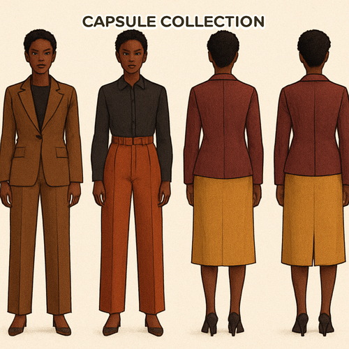 Capsule, Collection, black female, working clothing, coloring, browns, black, maroon yellow