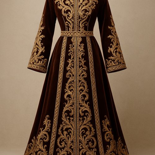 Es soll ein samt kleid sein in braun mit goldenen faden bestickt extravagant und arabisch like

