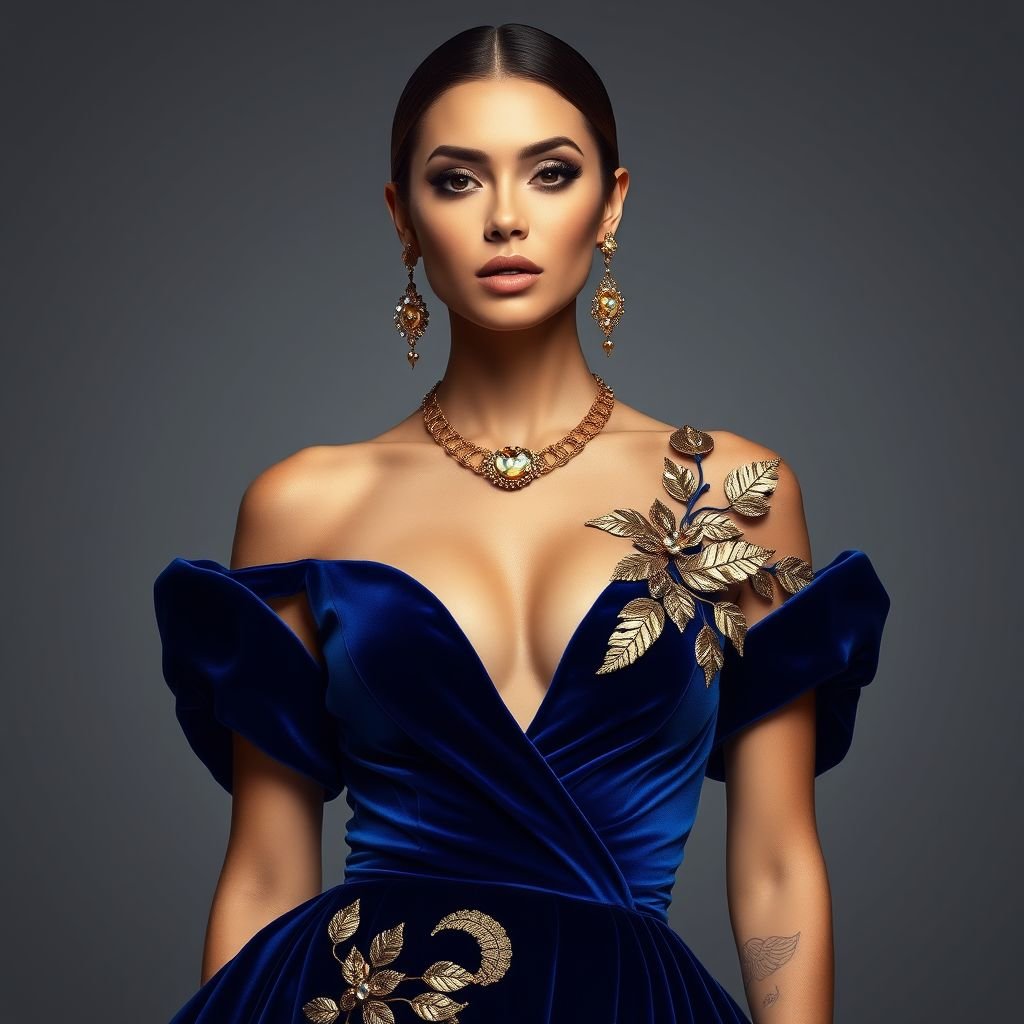 This statement look features a flowing, floor-length royal blue velvet gown with a deep V-neckline and structured shoulders, cinched at the waist with a sculpted gold metal belt. Intricate gold leaf embroidery climbs asymmetrically from the hem up one side of the skirt and along one sleeve, catching the light with every movement. The back dips into a low V, framed by more delicate gold detailing, while a subtle train adds regal drama. Paired with pointed gold stiletto heels, a matching gold cuff shaped like overlapping leaves, and drop earrings set with deep sapphire stones, the outfit is finished with a soft gold shimmer on the eyes and a classic matte nude lip — an ethereal blend of opulence and power.
This striking ensemble embodies a modernized regality, merging classic elegance with contemporary flair. The velvet gown's rich royal blue hue exudes confidence, while the deep V-neckline and structured shoulders enhance the silhouette's strength. The luxurious gold accessories echo nature's beauty, crafted from intricate leaf motifs, amplifying the gown’s asymmetrical embroidery. With each graceful move, the gown’s fabric dances, complemented by the subtle shine on the eyes and natural lips. Ideal for a glamorous evening gala, this look transforms the wearer into a goddess of sophistication and strength, exuding charisma and charm that commands attention.