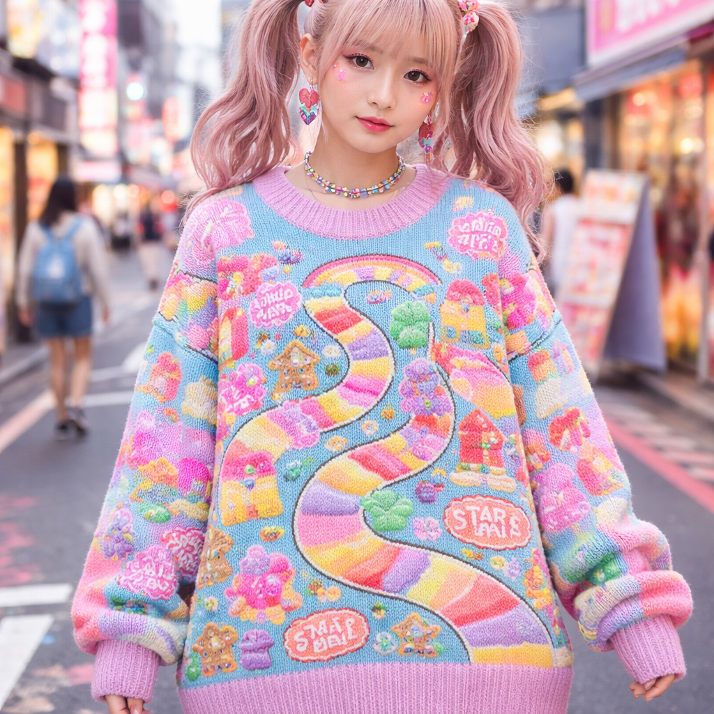 cute chunky neon candy land board game sweater
Japanese Street fashion design: Chunky neon "candy land" board game print sweater, oversized fit, drop shoulder, soft knit.