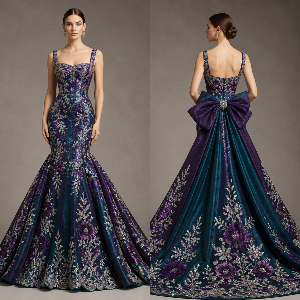 A Female Dress design, with a Flared silhouette, in a Jewel Tones color palette, shown on a model with fair skin and a slim figure. vestido de gala tipo miss elegante, con falda pegada hasta antes de la rodilla como en la foto con la paleta de colores que te envié, detalles en plateado, y un moño enorme atrás, No quiero transparencias quiero más brillo, detalles de flores y encaje un escote cuadrado y más pomposidad en la falda Present it as professional fashion catalogue photography: the garment is the subject, shown full-length with editorial styling, neutral posing and tasteful, non-suggestive framing.
photorealistic fashion design, A Female Dress design, with a Flared silhouette, in a Jewel Tones color palette, shown on a model with fair skin and a slim figure. vestido de gala tipo miss elegante, con falda pegada hasta antes de la rodilla como en la foto con la paleta de colores que te envié, detalles en plateado, y un moño enorme atrás, No quiero transparencias quiero más brillo, detalles de flores y encaje un escote cuadrado y más pomposidad en la falda Present it as professional fashion catalogue photography: the garment is the subject, shown full-length with editorial styling, neutral posing and tasteful, non-suggestive framing., just the design no text, show front and back