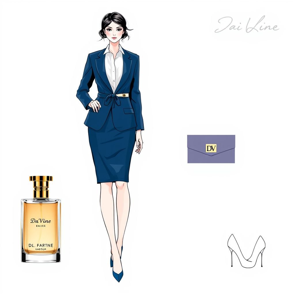 Blue eau de perfume bottle with the name “Da’Vine” on it. With DV on it. The woman should have on a skirt.
Design a sophisticated business ensemble featuring a sleek pencil skirt paired with a crisp white blouse. Accentuate the look with a tailored blazer in a deep blue, mirroring the elegance of the “Da’Vine” eau de parfum bottle. Incorporate chic accessories, including a DV monogrammed clutch and elegant heels for a polished finish.