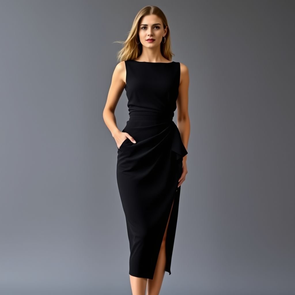 Midi length with straight neckline + side slit • Fabric: Crepe • Colors: Ink Black, Terracotta • Built-in waist shaping
Design a chic midi dress featuring a straight neckline and a daring side slit that reveals a hint of leg. Crafted from luxe crepe, the garment elegantly drapes, accentuating the silhouette. The ink black body contrasts beautifully with terracotta accents, while the built-in waist shaping highlights feminine curves for an effortlessly sophisticated look.