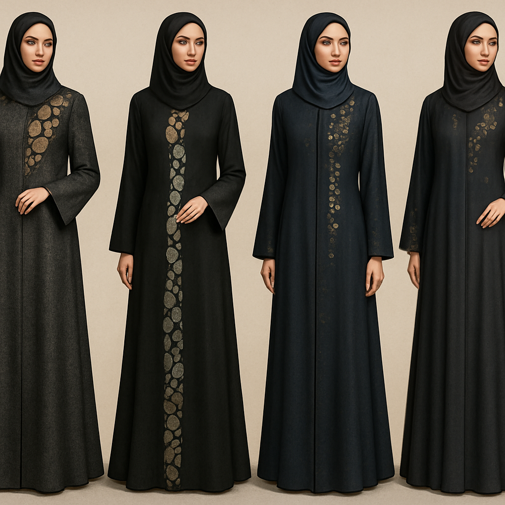 Create me modest abaya that's first in the world, using unique stone design, classy and sophisticated. Keep me 4 designs. Make them rich by adding minimal stone embroidery and stones designs. Showcasing different styles and fabric.
Create me modest abaya that's first in the world, using unique stone design, classy and sophisticated. Keep me 4 designs. Make them rich by adding minimal stone embroidery and stones designs. Showcasing different styles and fabric.