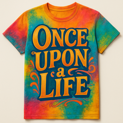 One of a kind colorful T shirt designing with words written on it saying once upon a life,