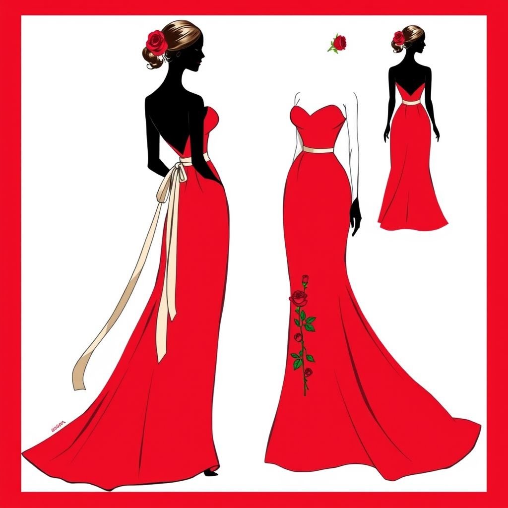 A gown with a sash around the arm,midi length dress,red color ,and a long rope surrounding the tip of the thigh length dress,with red roses hanging on each rope
Design a classic midi-length gown in a bold crimson hue, featuring an elegant sash gracefully wrapped around one arm. Accentuate the silhouette with a delicate long rope cinching the thigh, adorned with cascading red roses. Incorporate timeless elements like a sweetheart neckline and flowing A-line skirt to embody vintage sophistication.