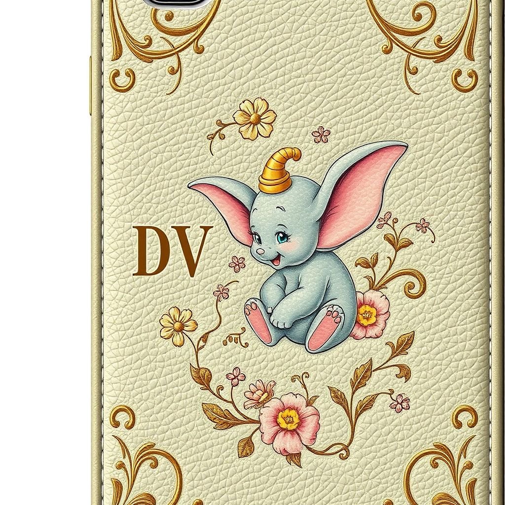 iPhone 13 Pro Max phone case with “DV ” on it. Put baby dumbo on it
Design a classic-inspired phone case for the iPhone 13 Pro Max, featuring an elegant leather finish adorned with intricate gold filigree. The initials “DV” are embossed in a sophisticated serif font. A charming baby Dumbo, rendered in soft pastel colors, sits gracefully among vintage floral motifs, blending nostalgia with timeless elegance.