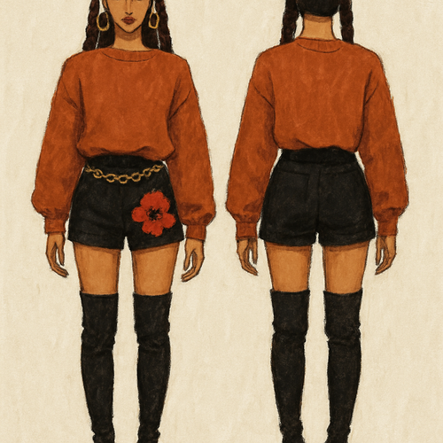 Sweater shirt  black shorts gold chain on shorts flower on the shorts braids thigh high boots 