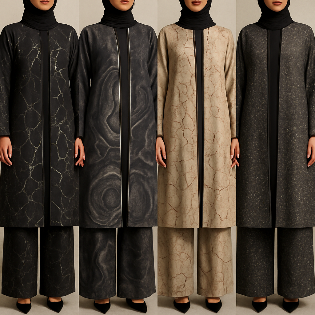 Create a modest abaya and loose pant, first of its kind, featuring a unique stone design that exudes a classy and sophisticated vibe. I'd like four designs, each showcasing different styles and fabrics. Incorporate high-end, unique chic stone designs to make them truly special. Add little sophisticated stone designs. Make it irresistible with designs that stands out.
Create a modest abaya and loose pant, first of its kind, featuring a unique stone design that exudes a classy and sophisticated vibe. I'd like four designs, each showcasing different styles and fabrics. Incorporate high-end, unique chic stone designs to make them truly special. Add little sophisticated stone designs. Make it irresistible with designs that stands out.
