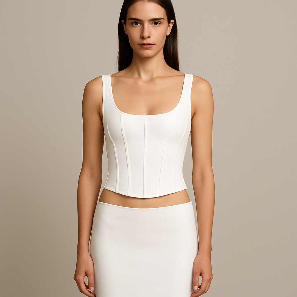 Long line structured corset top with scoop neck
Slightly shorter make white and add matching maxi skirt
Make skirt fitted and straight and make neck more scooped
Make skirt low rise to show torso
Make end of corset straight
Long line structured corset top with scoop neck
Slightly shorter make white and add matching maxi skirt
Make skirt fitted and straight and make neck more scooped
Make skirt low rise to show torso
Make end of corset straight