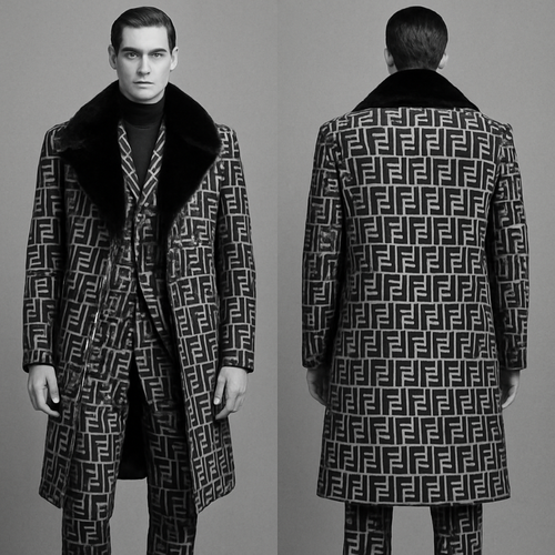 Men’s high fashion, sportswear, three-piece suit and overcoat, black and white Fendi Avangard with black mink fur