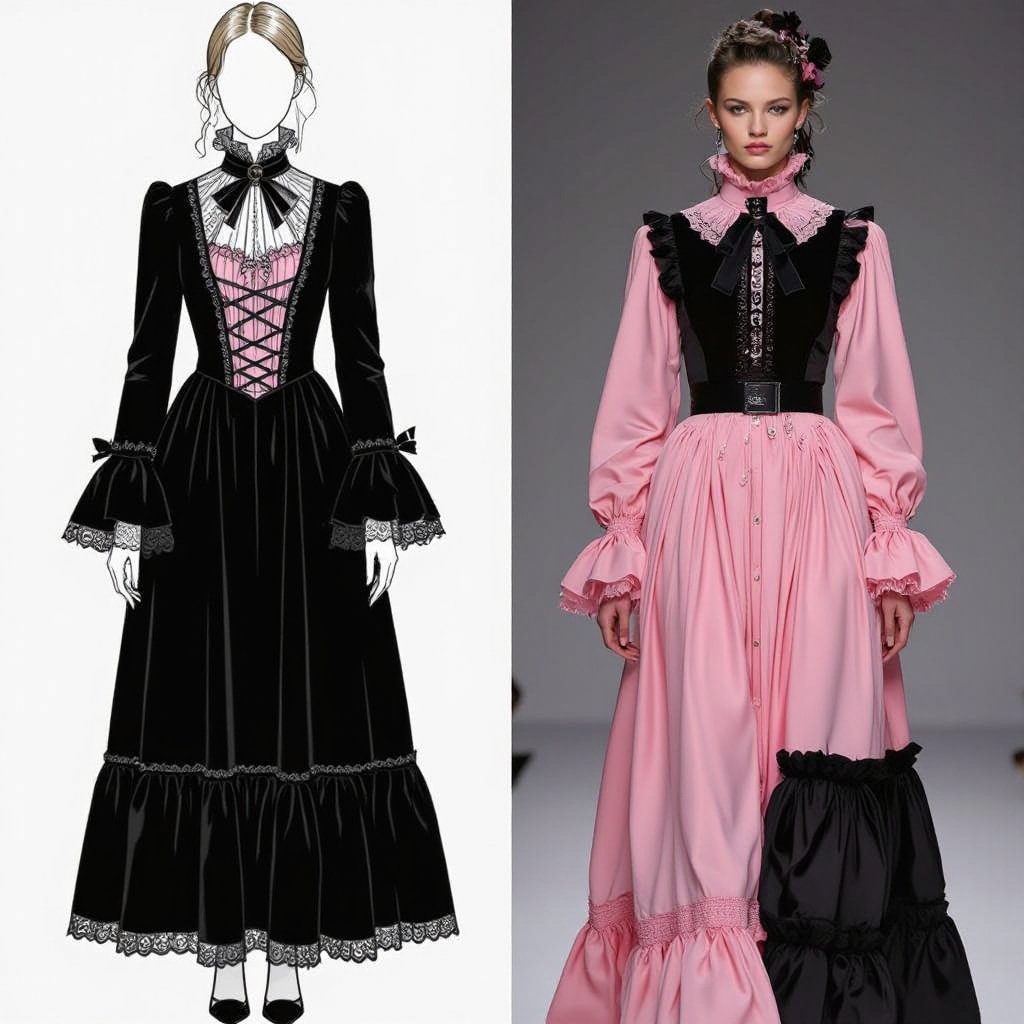 Feminine dress soft and feminine pink warm
Gothic fashion: Feminine dress, pink silk fabric, long sleeves, lace trim, high collar.