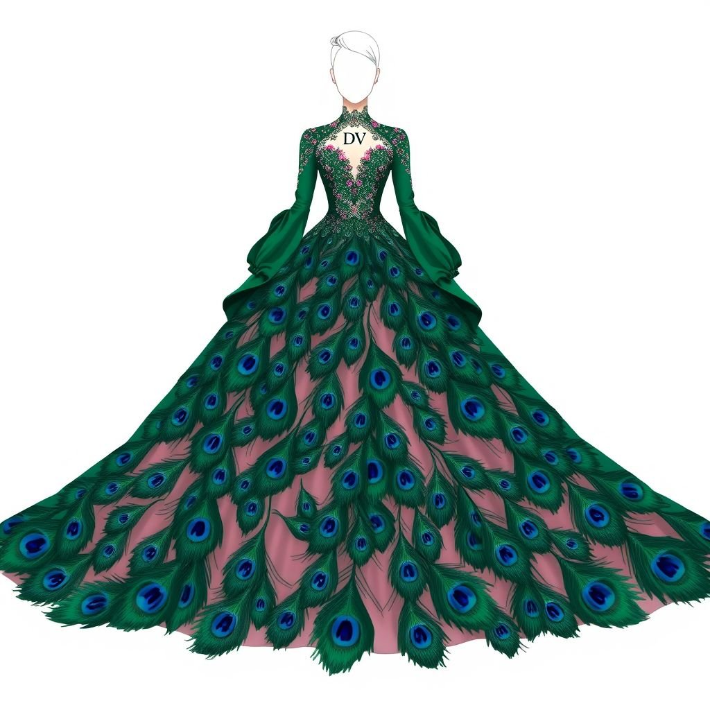 Create me a unique Peacock dress with a little pink in it.met gala dress. But I want it to be modest I want the arms and legs covered. and empowers a Met Gala look. Put “DV” on it somewhere
Design an exquisite, floor-length peacock gown that elegantly drapes to the ground, featuring intricate feather motifs in deep greens and blues. Subtle pink accents embellish the bodice and sleeves, while long, flowing sleeves and a high neck maintain modesty. The dress is adorned with “DV” in sparkling embroidery, embodying Met Gala sophistication.