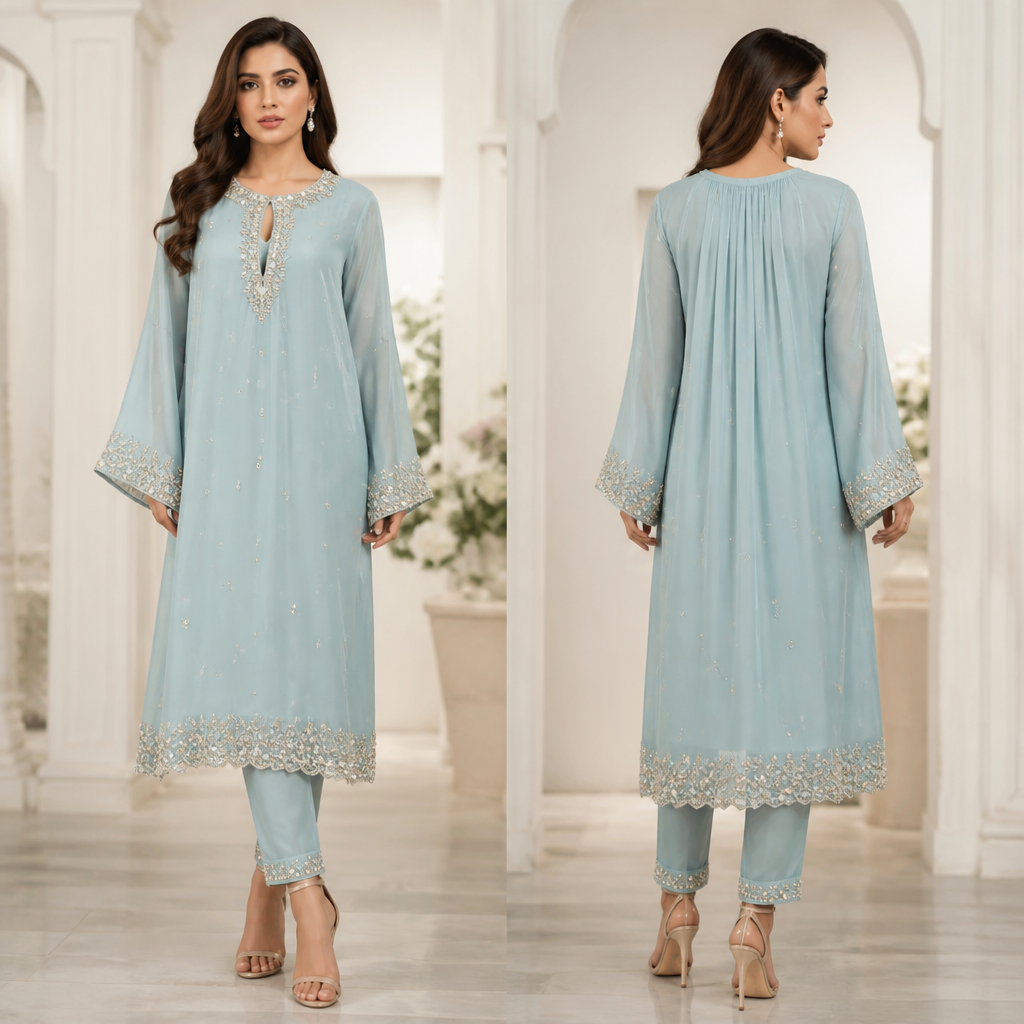 A Female Dress design, suitable for Summer, in Glamorous style. glacier Blue color
silver material pearl kora dabka work fancy stone
key hole neck
not too heavy work in neck bunch in back same as sleeves and same as daman like neck. Pakistan fashion aesthetics.
photorealistic fashion design, A Female Dress design, suitable for Summer, in Glamorous style. glacier Blue color
silver material pearl kora dabka work fancy stone
key hole neck
not too heavy work in neck bunch in back same as sleeves and same as daman like neck. Pakistan fashion aesthetics., glamorous style, just the design no text