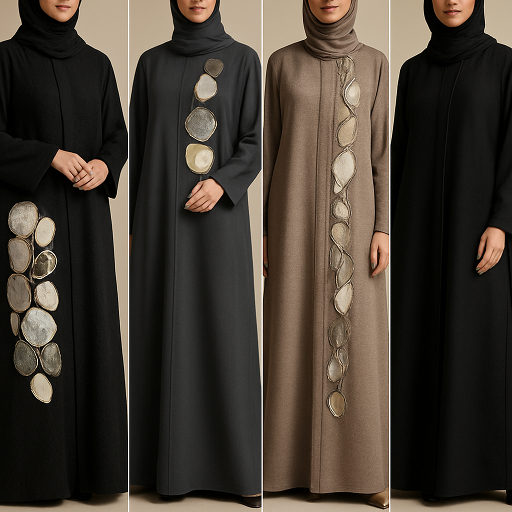 Create a modest abaya that's the first of its kind, featuring a unique stone design that exudes a classy and sophisticated vibe. I'd like four designs, each showcasing different styles and fabrics.
Incorporate high-end, unique chic stone designs to make them truly special. Add a little sophisticated stone work to it.

Create a modest abaya that's the first of its kind, featuring a unique stone design that exudes a classy and sophisticated vibe. I'd like four designs, each showcasing different styles and fabrics.
Incorporate high-end, unique chic stone designs to make them truly special. Add a little sophisticated stone work to it.