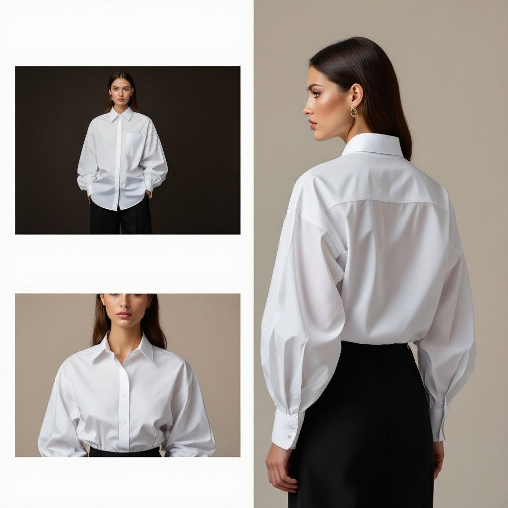 A big shirt, that has an extended shoulder, with visible loops on the side that can be worn as casual and corporate and has balloon sleeves with a picture of how the back will look
A structured poplin shirt, oversized cut, with an extended shoulder, visible side loops, and balloon sleeves. Versatile for both casual and corporate wear, with a visual reference for the back design.
