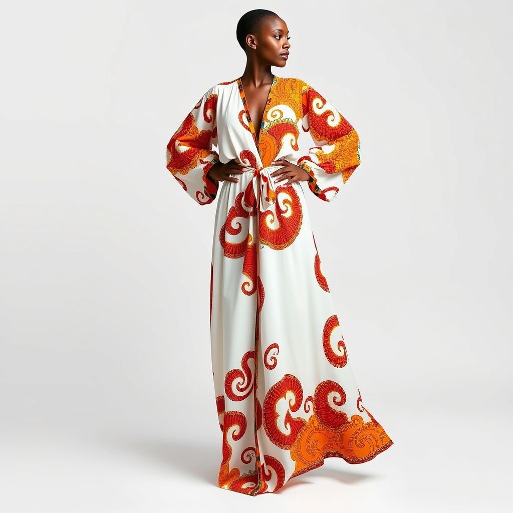 Prompt: An elegant African-inspired maxi dress with a flowing, floor-length design, inspired by the image provided. The dress features a vibrant Ankara print in rich orange, red, and yellow tones on a white background, with wide, flowing bell sleeves and a slightly open collar. Remove the band around the waist and instead, add tie adjustments at the left and right corners of the waist, allowing the wearer to gently gather and secure the fabric at the sides, creating soft folds just at the corners when tied, like a boo-boo style. The ties should be subtle, blending naturally with the dress pattern, ensuring the overall fit remains loose and airy, without tightening the entire waist. Maintain the original flow and structure of the fabric, keeping the graceful, relaxed feel. Set against a clean studio background with soft, even lighting to highlight the rich colors and texture.
Design an elegant African-inspired maxi dress featuring a graceful, flowing silhouette. Adorned with a vibrant Ankara print showing swirling motifs of orange, red, and yellow on a crisp white backdrop, it boasts wide bell sleeves and a gentle open collar. The waist incorporates playful tie adjustments at both sides, allowing for effortless gathering, echoing a soft, bohemian vibe. The ties, harmoniously integrated with the dress’s pattern, ensure a seamless look while enhancing the airy feel. Showcase this stunning creation in a minimalist studio setting, where the soft lighting accentuates the dress's vibrant colors, intricate details, and luxurious texture, embodying effortless chic.