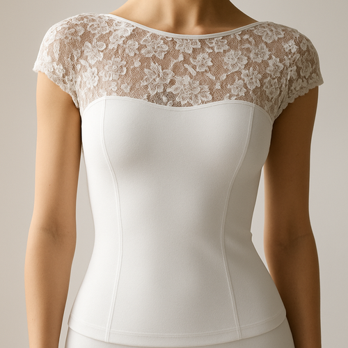 High-end white sports top with a boat neckline and sculpting technical material, featuring transparent floral lace along the shoulders and upper chest. The design emphasizes elegance and movement, with a seamless waistline and slightly longline cut. Soft matte fabric texture, luxurious lace details, bright neutral studio, soft natural light, focus on craftsmanship and material balance, ultra-realistic 8K, Lauren Secret luxury sport-lace collection.”