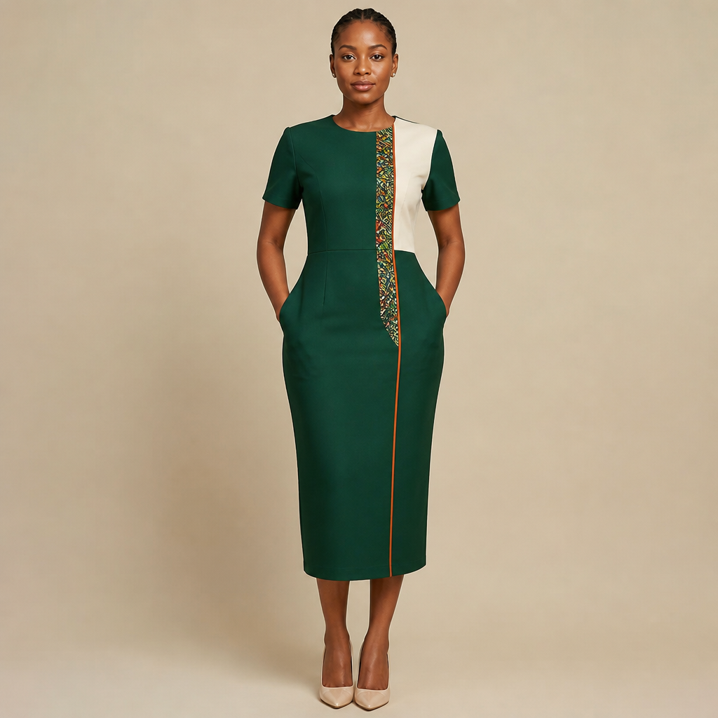 “Elegant Nigerian women’s corporate midi dress, mid-calf length, deep emerald green, fitted but modest silhouette, structured short sleeves, clean round neckline, warm cream colour blocking along one side of the bodice and waist, narrow Ankara panel running vertically from shoulder toward the hem, tiny burnt-orange piping detail, hidden side pockets, sophisticated minimalist tailoring, realistic fashion photography, full body front view, plain studio background.”
photorealistic fashion design, “Elegant Nigerian women’s corporate midi dress, mid-calf length, deep emerald green, fitted but modest silhouette, structured short sleeves, clean round neckline, warm cream colour blocking along one side of the bodice and waist, narrow Ankara panel running vertically from shoulder toward the hem, tiny burnt-orange piping detail, hidden side pockets, sophisticated minimalist tailoring, realistic fashion photography, full body front view, plain studio background.” , just the design no text