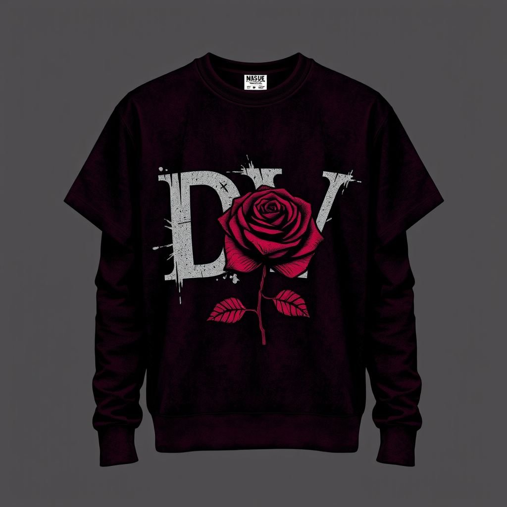I really like this one! Just redo and make it “non see through” and it will be perfect! Keep the colors, the design, the “DV” and the rose.
Reimagine the design in a grunge aesthetic, featuring a rich, dark palette of deep burgundy and faded black. The "DV" logo is boldly distressed on the front, with a stylized rose embroidered in tangled threads. The fabric should be thick and textured, embodying a raw, edgy vibe, while ensuring it's completely opaque.