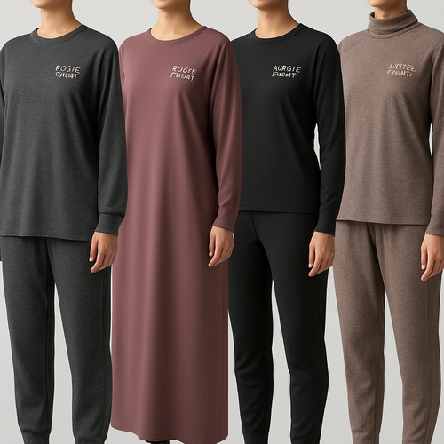 Create a revolutionary women’s modest loose gym wear brand called “Modest Fleur”. Display the brand name on the garments in a unique design on the upper right side, in small thick writing that exudes a classy and sophisticated vibe. I’d like four designs, each showcasing different styles and fabrics, with high-end, unique chic designs to make them truly special.