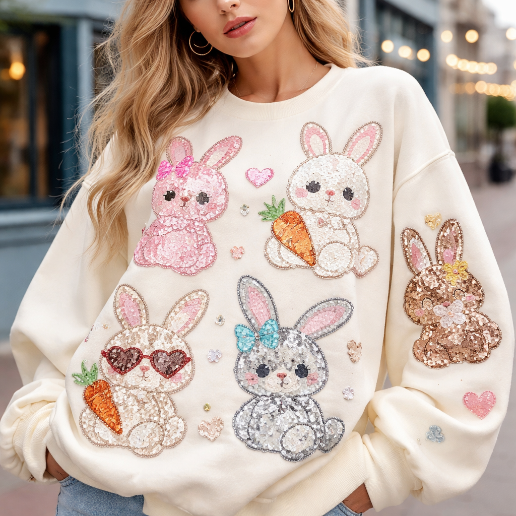 Sweatshirt with multiple sequin graphics of bunnies
Sweatshirt with multiple sequin graphics of bunnies