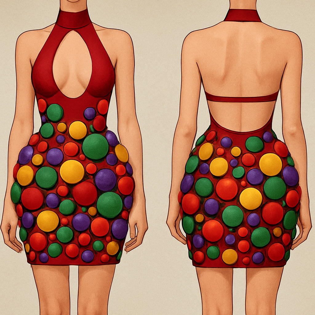 This design explores a sculptural, body-con silhouette enhanced with clustered circular appliqués that create a vibrant, jewel-like surface. The high halter neckline and dramatic front cutout emphasize structure and contrast with the playful, three-dimensional volumes around the hips. Rich, saturated colors and varied orb sizes bring movement and depth, presenting the piece as a bold, experimental cocktail dress with strong visual identity. The dress is short, tight, and body-con, ending above the knee. The base color is deep red.
It features a high halter neck that fastens around the neck, followed by a large circular/oval cutout revealing the chest area.
The sides of the bodice are mostly open, with the dress held mainly by the neck strap and narrow side panels.
From below the bust down to the hem, the entire surface is covered with 3D circular orbs in different sizes—large, medium, and small—in yellow, green, red, and purple. These spheres are clustered closely together, giving a bold, textured, three-dimensional look.
The back is completely open, with only one thin horizontal strap across the mid-back for support.
The silhouette is fitted, highlighting the waist and hips, with the densest cluster of circles around the hips and lower part of the dress.
This design explores a sculptural, body-con silhouette enhanced with clustered circular appliqués that create a vibrant, jewel-like surface. The high halter neckline and dramatic front cutout emphasize structure and contrast with the playful, three-dimensional volumes around the hips. Rich, saturated colors and varied orb sizes bring movement and depth, presenting the piece as a bold, experimental cocktail dress with strong visual identity. The dress is short, tight, and body-con, ending above the knee. The base color is deep red.
It features a high halter neck that fastens around the neck, followed by a large circular/oval cutout revealing the chest area.
The sides of the bodice are mostly open, with the dress held mainly by the neck strap and narrow side panels.
From below the bust down to the hem, the entire surface is covered with 3D circular orbs in different sizes—large, medium, and small—in yellow, green, red, and purple. These spheres are clustered closely together, giving a bold, textured, three-dimensional look.
The back is completely open, with only one thin horizontal strap across the mid-back for support.
The silhouette is fitted, highlighting the waist and hips, with the densest cluster of circles around the hips and lower part of the dress.
, show front and back