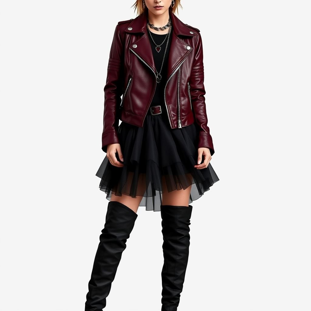 Oxblood, tulle, leather, over the knee boots
Design a fierce rocker outfit featuring a deep oxblood leather jacket adorned with silver studs and zippers. Pair with a layered black tulle skirt that adds an edgy flair, effortlessly flowing over tall, textured over-the-knee boots. Complete the look with statement chains and bold eyeliner for a rebellious, empowered vibe.