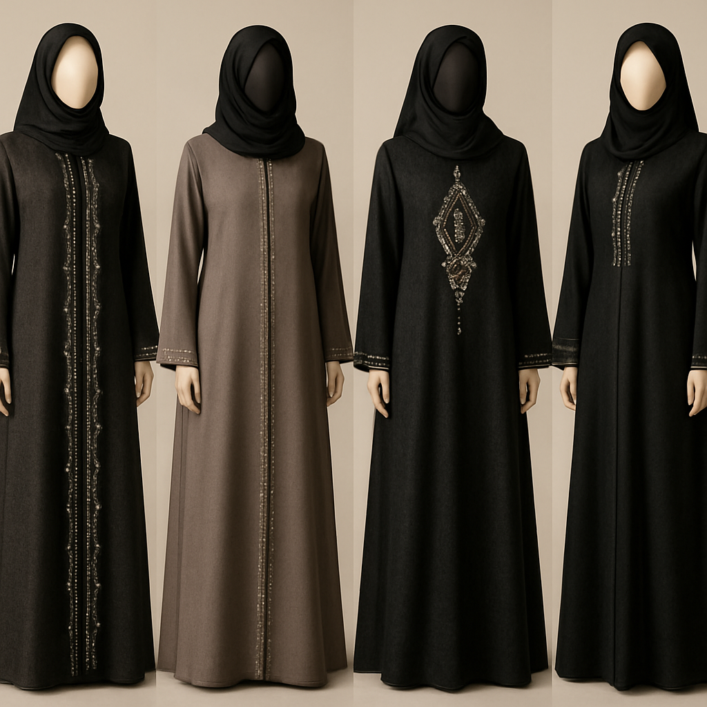 Create me modest abaya that's first in the world, using unique stone design, classy and sophisticated. Keep me 4 designs. Make them rich by adding minimal stone embroidery and stones designs. Showcasing different styles and fabric.
Create me modest abaya that's first in the world, using unique stone design, classy and sophisticated. Keep me 4 designs. Make them rich by adding minimal stone embroidery and stones designs. Showcasing different styles and fabric.