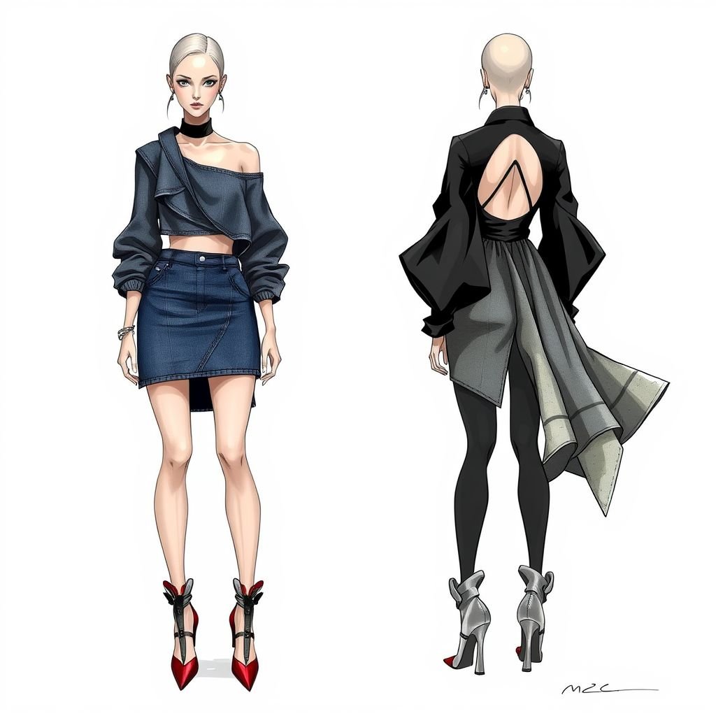 Denim with a short skirt, asymmetrical top, knee high heels and a flare
Design an avant-garde ensemble featuring a deconstructed denim mini skirt, asymmetrically draped top with exaggerated proportions, and knee-high heels adorned with sculptural elements. Incorporate bold, contrasting textures and unexpected cutouts for a striking silhouette. Add a dramatic flare element, like oversized sleeves or a flowing attached hem, to challenge conventional aesthetics.