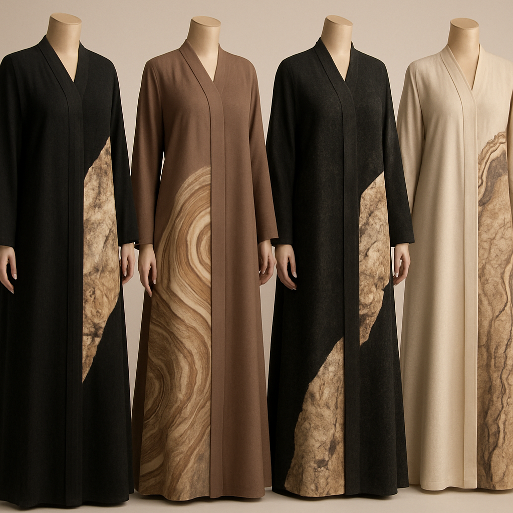 Create a modest abaya that's the first of its kind, featuring a unique stone design that exudes a classy and sophisticated vibe. I'd like four designs, each showcasing different styles and fabrics.
Incorporate high-end, unique chic stone designs to make them truly special.

Create a modest abaya that's the first of its kind, featuring a unique stone design that exudes a classy and sophisticated vibe. I'd like four designs, each showcasing different styles and fabrics.
Incorporate high-end, unique chic stone designs to make them truly special.