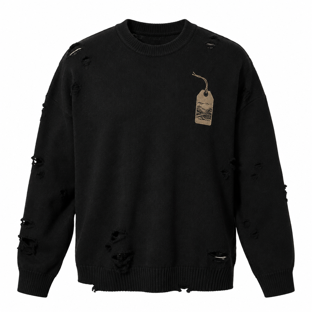 Black rich cotton jumper with rips with small logo of old fashion price tag with string with the wording slave engraved landscape
photorealistic fashion design, Black rich cotton jumper with rips with small logo of old fashion price tag with string with the wording slave engraved landscape
, just the design no text