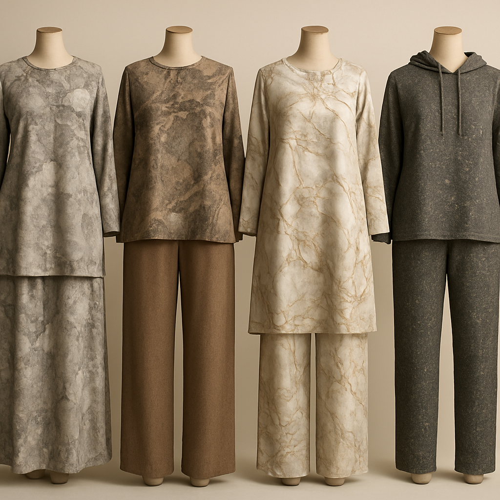 Create a modest lounge wear, first of its kind, featuring a unique stone design that exudes a classy and sophisticated vibe. I'd like four designs, each showcasing different styles and fabrics. Incorporate high-end, unique chic stone designs to make them truly special. Add little sophisticated stone designs. Make it irresistible for customers 

Create a modest lounge wear, first of its kind, featuring a unique stone design that exudes a classy and sophisticated vibe. I'd like four designs, each showcasing different styles and fabrics. Incorporate high-end, unique chic stone designs to make them truly special. Add little sophisticated stone designs. Make it irresistible for customers 