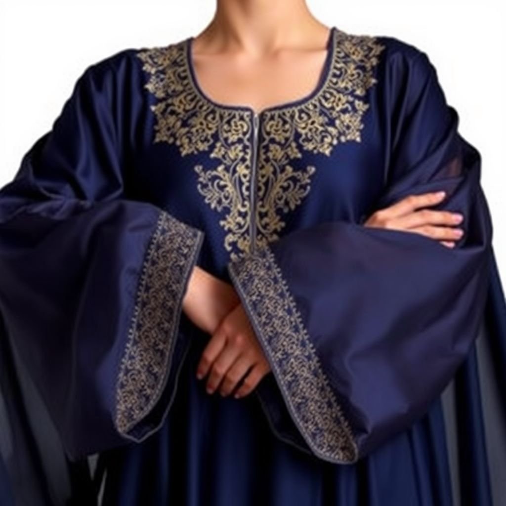 Abaya with broderie and flare sleeves
Envision a luxurious abaya, crafted from flowing silk in a deep midnight blue. Adorned with intricate gold broderie along the neckline and cascading flare sleeves, it exudes elegance and sophistication. The sleeves billow gently with movement, revealing a delicate underlayer of shimmering fabric, perfect for a night of celebration and grace.
