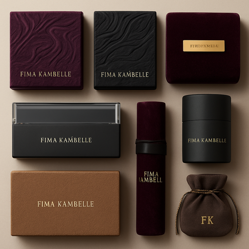 FIMA KAMBELLE clothing brand packaging 

1. Sculpted art boxes with carved textures in deep plum or obsidian.
2. Velvet-wrapped cases with gold metal nameplates.
3. Matte boxes with crystal-edge lids for a luxe reveal.
4. Sand-pressed textured boxes in rich, earthy tones.
5. Silk-wrapped scroll tubes for scarves and accessories.
6. Suede pouches with metallic cords and minimal FK branding.
7. Seamless magnetic capsules for a modern, couture feel.

