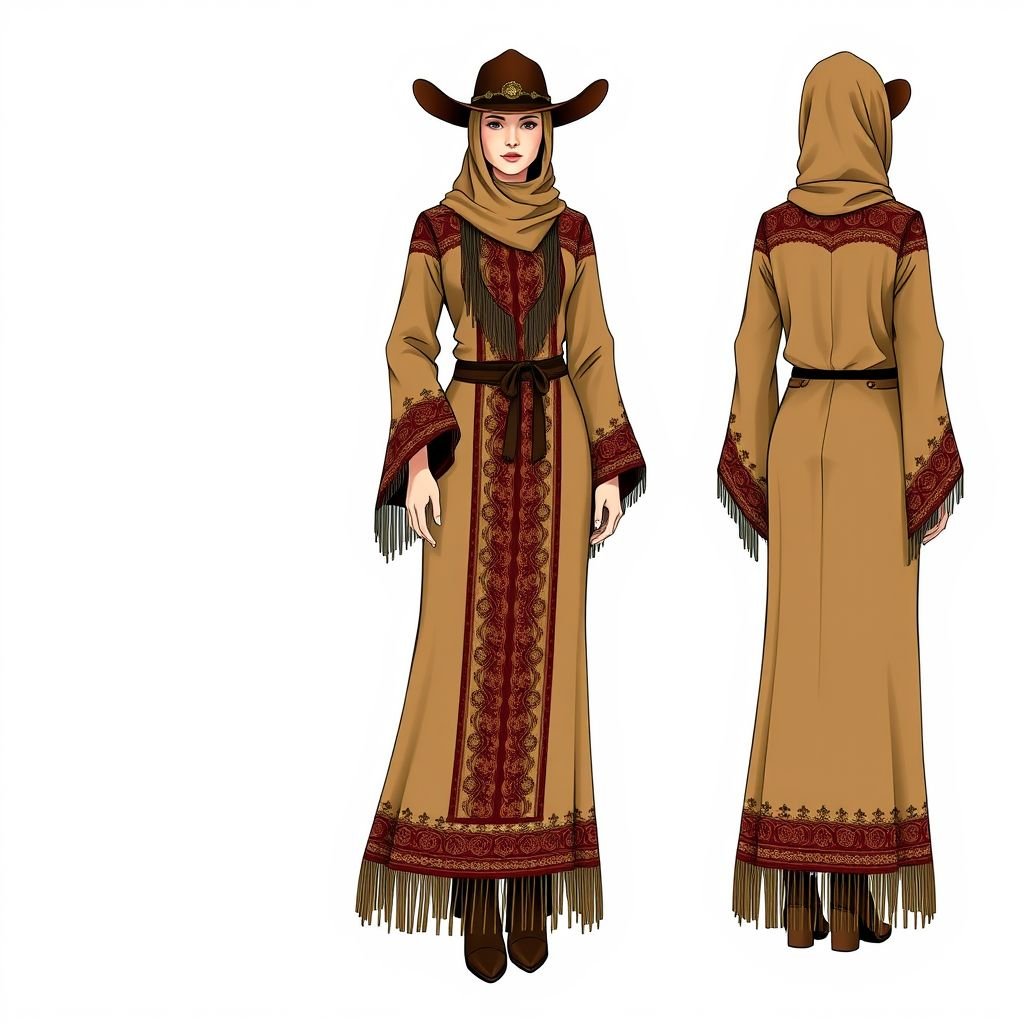 I want a unique abaya. On which a traditional Azerbaijani ornament is embroidered.
Design a stunning Western-style abaya featuring flowing lines and a fitted silhouette, incorporating traditional Azerbaijani embroidered motifs. Utilize rich earth tones and fringe detailing for a rugged yet elegant look. The abaya should include wide bell sleeves reminiscent of cowboy aesthetics, harmoniously blending cultural heritage with modern Western flair in a captivating ensemble.