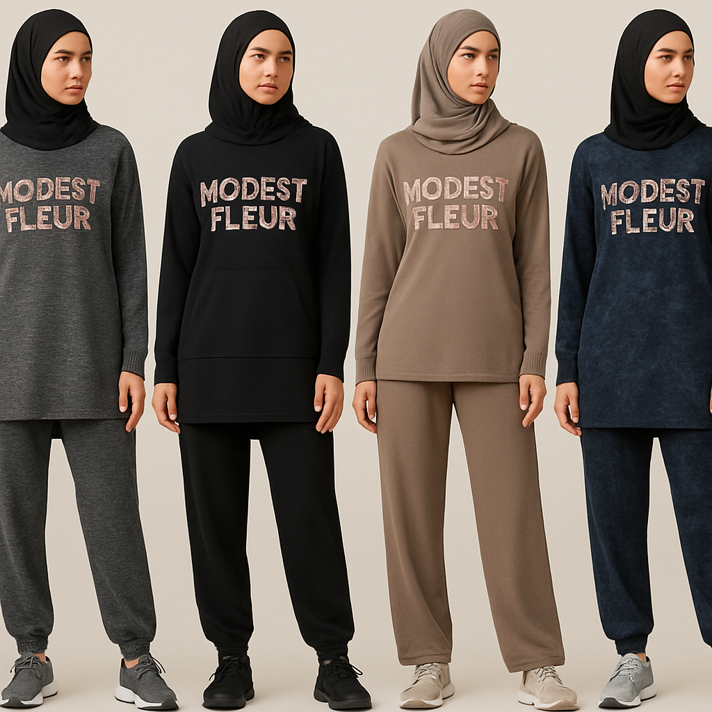 Create a revolutionary women’s modest loose gym wear brand called “Modest Fleur”. The brand name should be displayed on the garments with a unique stone design that exudes a classy and sophisticated vibe. I’d like four designs, each showcasing different styles and fabrics. Incorporate high-end, unique chic stone designs to make them truly special.
Create a revolutionary women’s modest loose gym wear brand called “Modest Fleur”. The brand name should be displayed on the garments with a unique stone design that exudes a classy and sophisticated vibe. I’d like four designs, each showcasing different styles and fabrics. Incorporate high-end, unique chic stone designs to make them truly special.