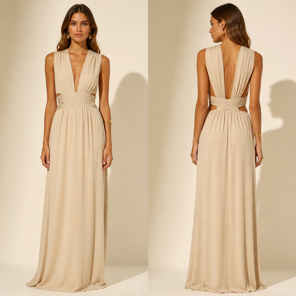 A Dress design. cor neutra. Brazil fashion aesthetics. Present it as professional fashion catalogue photography: the garment is the subject, shown full-length with editorial styling, neutral posing and tasteful, non-suggestive framing.
photorealistic fashion design, A Dress design. cor neutra. Brazil fashion aesthetics. Present it as professional fashion catalogue photography: the garment is the subject, shown full-length with editorial styling, neutral posing and tasteful, non-suggestive framing., just the design no text, show front and back