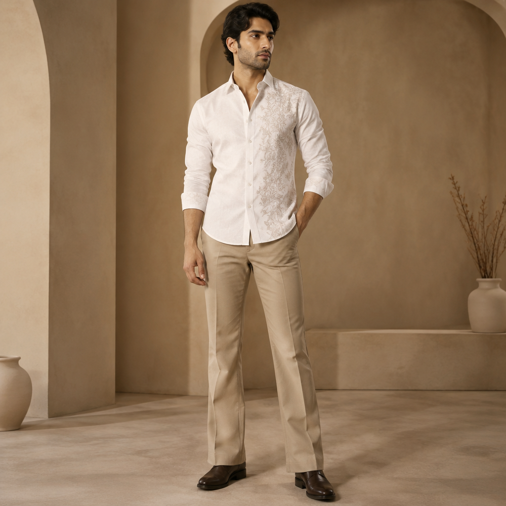 A Male Top design, suitable for Fall. a fully fitted boot cut with white full sleve shirts fitted. India fashion aesthetics. Present it as professional fashion catalogue photography: the garment is the subject, shown full-length with editorial styling, neutral posing and tasteful, non-suggestive framing.
photorealistic fashion design, A Male Top design, suitable for Fall. a fully fitted boot cut with white full sleve shirts fitted. India fashion aesthetics. Present it as professional fashion catalogue photography: the garment is the subject, shown full-length with editorial styling, neutral posing and tasteful, non-suggestive framing., just the design no text