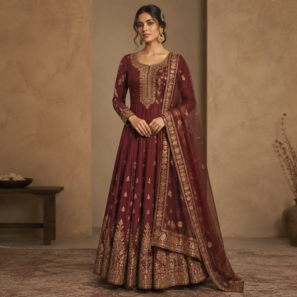 A Female Dress design, suitable for Fall. Consider Indian fashion aesthetics — consider saree, lehenga, salwar kameez, kurti, anarkali; local fabrics like chanderi, banarasi, chikankari, block prints; vibrant colors and rich embroidery. Current season is Autumn in India. Present it as professional fashion catalogue photography: the garment is the subject, shown full-length with editorial styling, neutral posing and tasteful, non-suggestive framing.
photorealistic fashion design, A Female Dress design, suitable for Fall. Consider Indian fashion aesthetics — consider saree, lehenga, salwar kameez, kurti, anarkali; local fabrics like chanderi, banarasi, chikankari, block prints; vibrant colors and rich embroidery. Current season is Autumn in India. Present it as professional fashion catalogue photography: the garment is the subject, shown full-length with editorial styling, neutral posing and tasteful, non-suggestive framing., just the design no text