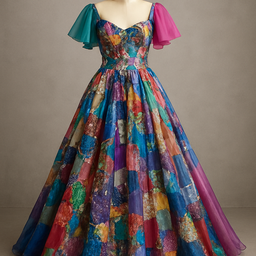 I want to Create one of kind colorful gown made from scrap fabric with iridescent touches and design with a colorful two tone chiffon for high end fashionista that will give it a sophisticated and gorgeous look. 